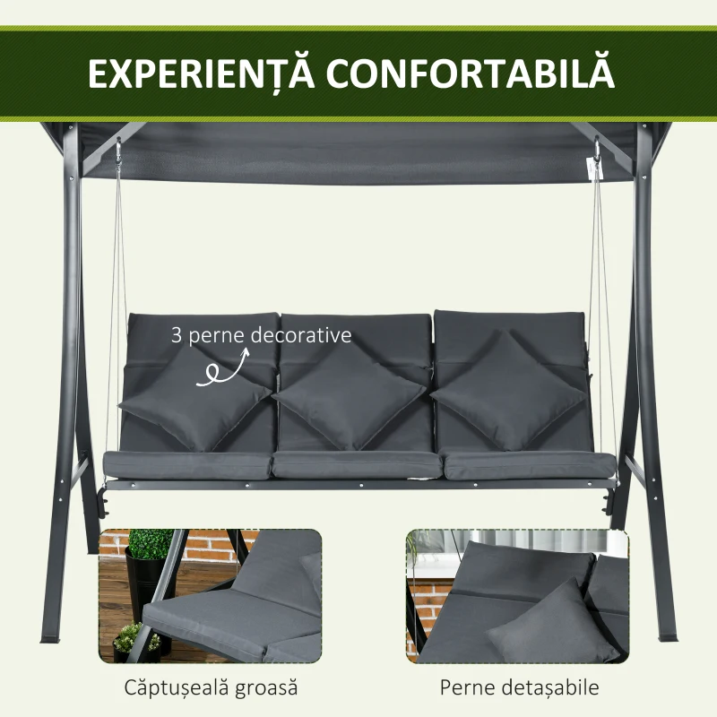 Outsunny Leagăn de grădină pentru 3 persoane cu acoperiș reglabil, din oțel și poliester, 202x115x168 cm, gri închis