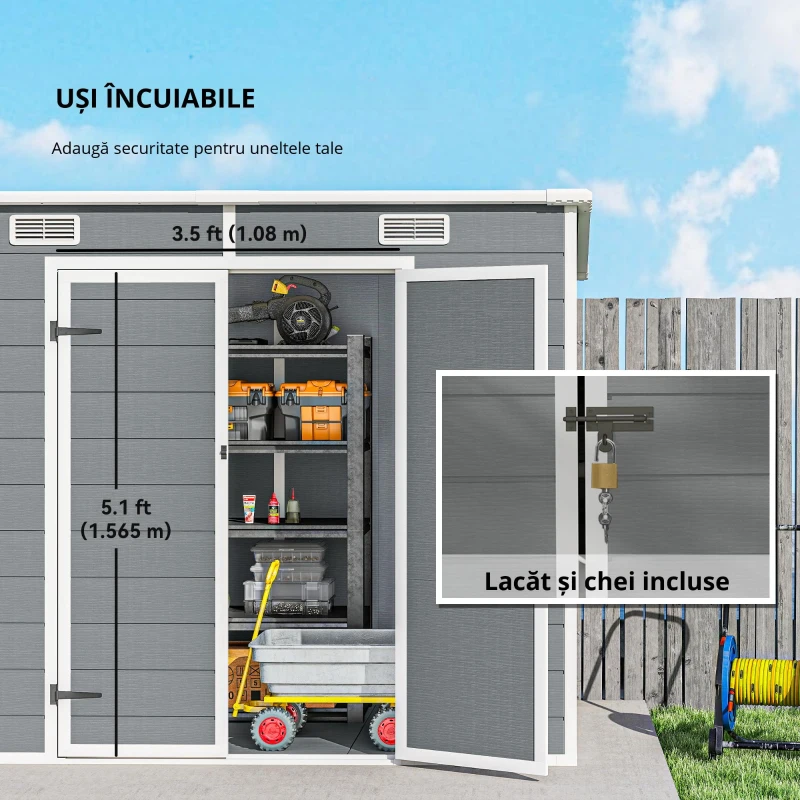 Outsunny Căsuță de Grădină din Rășină cu Podea, 2 Uși Blocabile, Fereastră, 2,4 x 1,3 m, Gri(m-5)