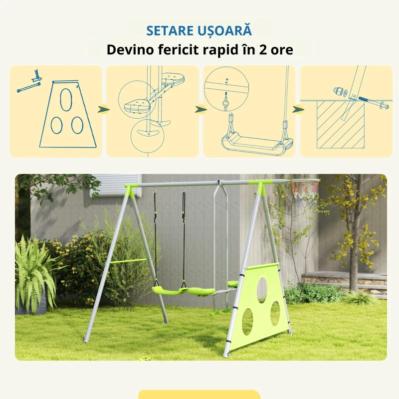 AIYAPLAY Joc pentru Copii 4 în 1 cu 2 Leagăne de Grădină, Coș și Poartă de Fotbal, 215x180x182 cm, Verde și Gri(m-6)
