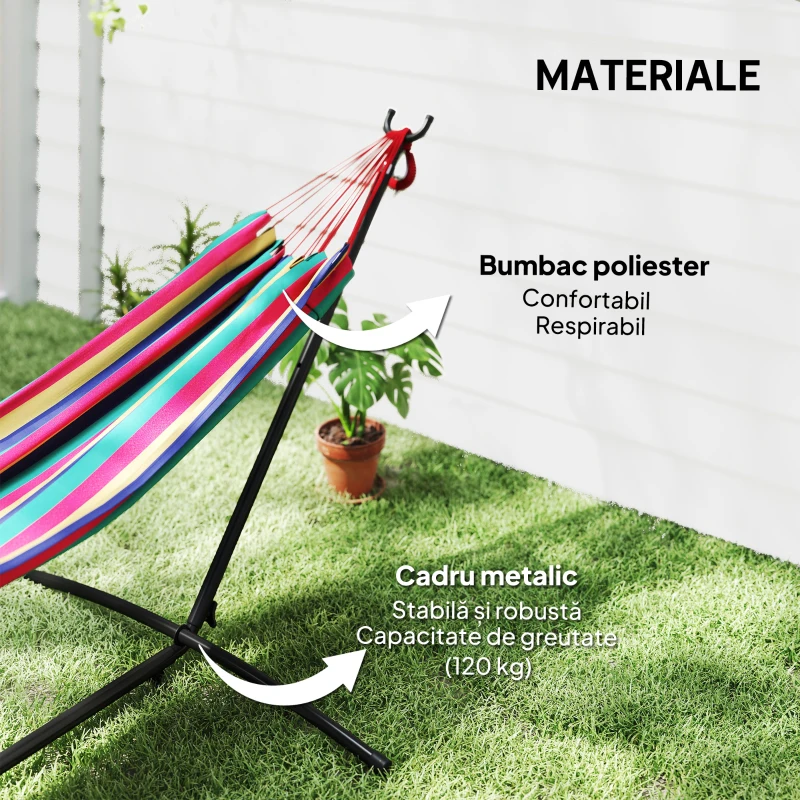 Outsunny Hamac cu Suport 310x117cm pentru Camping cu Înălțime Reglabilă și Geantă de Transport, Capacitate 120 kg, Dungi Portocaliu și Roșu