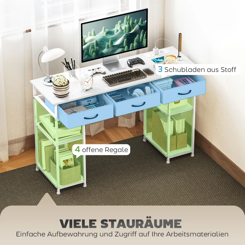 HOMCOM Schreibtisch Küchentisch mit 2 USB-Ladeanschlüssen 2 Steckdosen verstellbare Regale 3 Stoffschubladen 120x40x76 cm Weiß