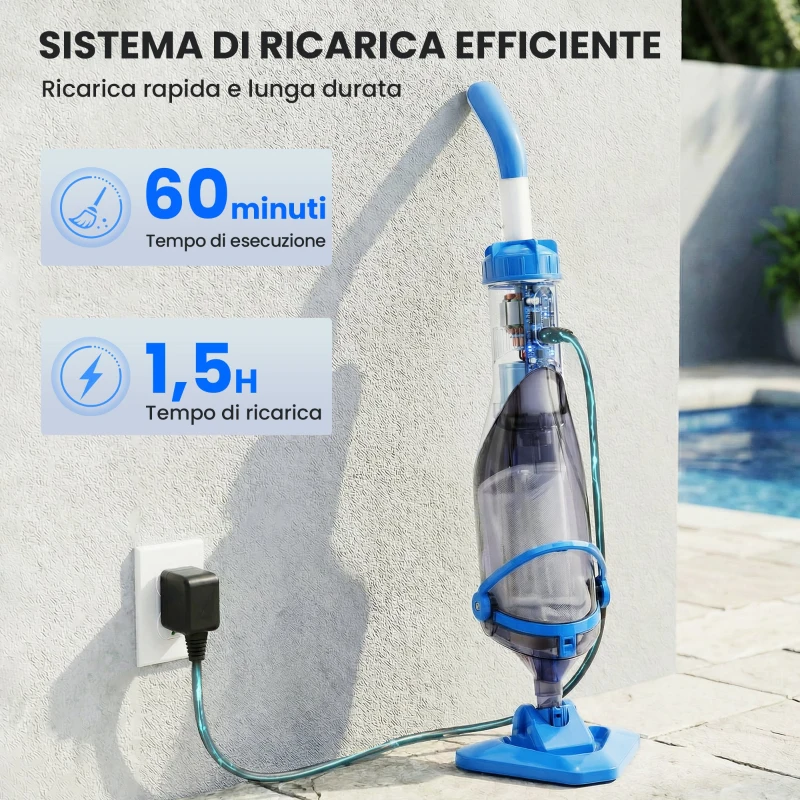 Outsunny Aspirapolvere per Piscina Senza Fili con Spazzola e Filtri, in ABS e Alluminio, 90x24x13.5 cm, Blu