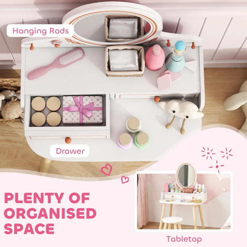 AIYAPLAY Dziecięcy Stolik do Makijażu Zestaw z Taboretem Lustrem Szufladami Drążkami na Ubrania dla 3-8 Lat 56 x 38 x 87,8 cm Biały