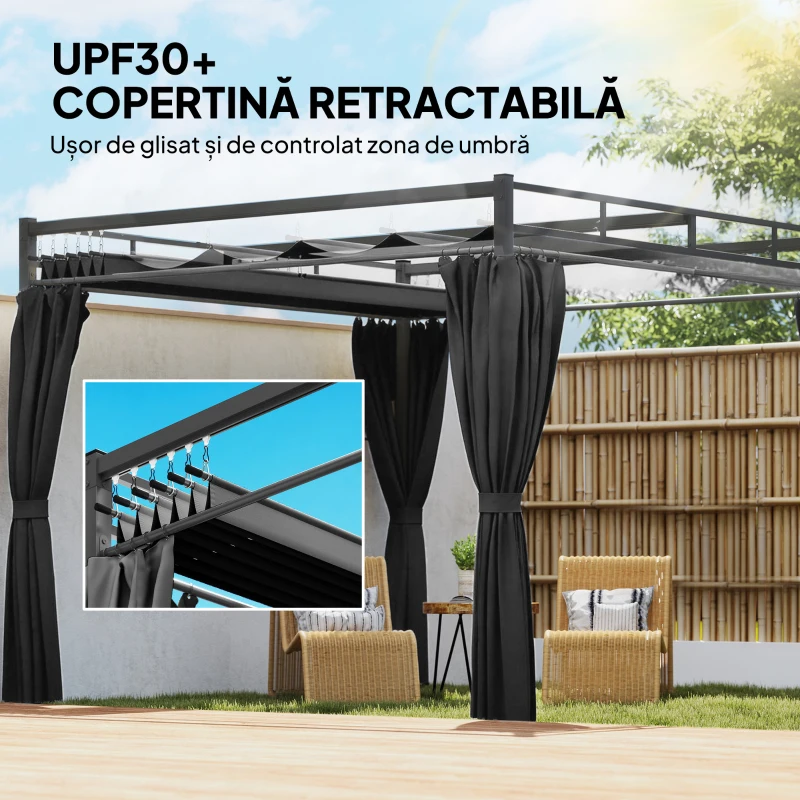 Outsunny Pergolă Gazebo 3x3 m cu Acoperiș Retractabil, 4 Pereți Laterali, Orificii de Drenare, Pergolă din Poliester și Oțel pentru Grădină, Terasă, Exterior, UV30+, Gri Închis