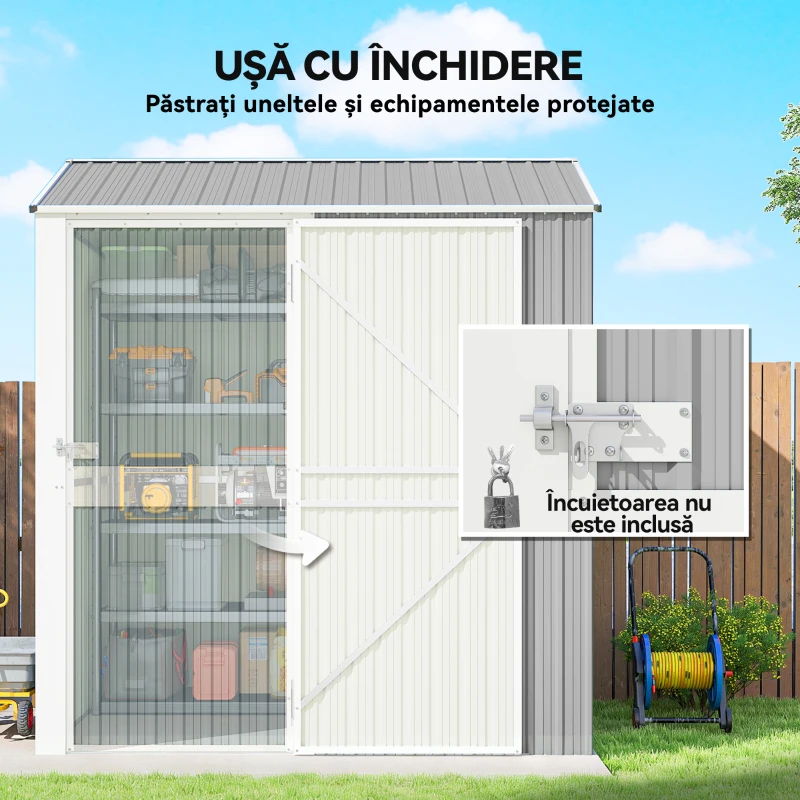 Outsunny Șopron de Grădină Înalt de 3.51m² din Oțel Galvanizat cu Orificii de Ventilație, Șopron de Grădină cu Ușă Blocabilă, Acoperiș Înclinat, Mănuși, Șopron pentru Unelte, 209x177x236 cm, Gri Argintiu