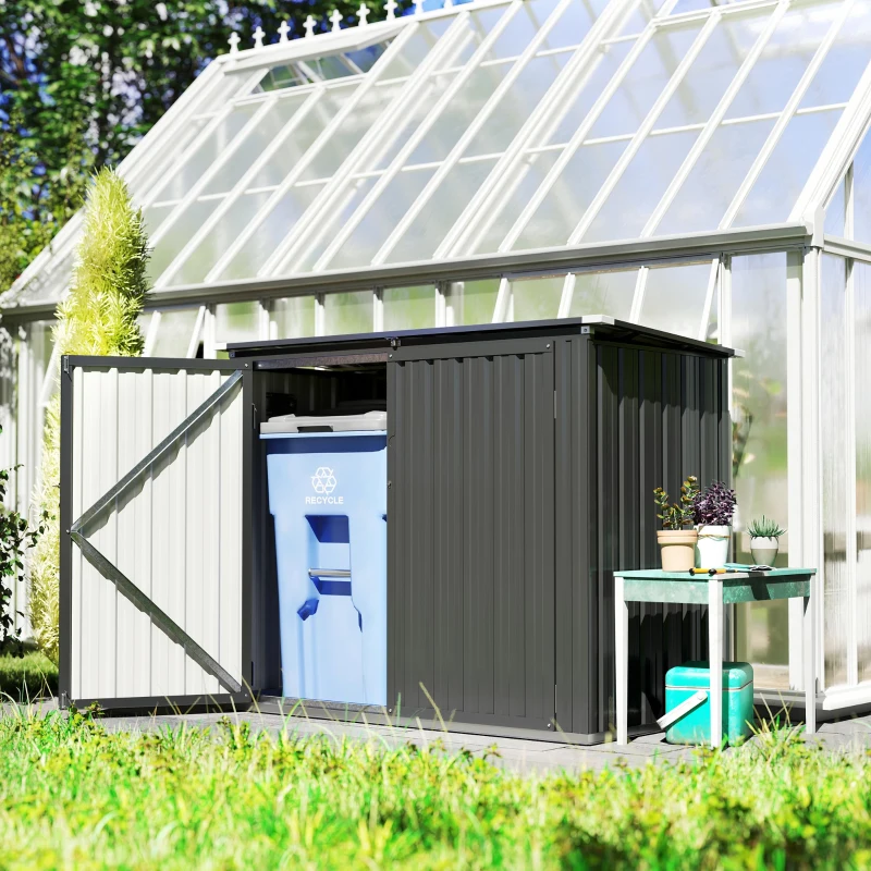 Outsunny Depozit pentru Exterior 1.1m² din Oțel Galvanizat cu 2 Uși Blocate, Depozit pentru Coșuri de Gunoi cu Capac Rabatabil, Magazină pentru Grădină pentru 2 Coșuri și Unelte, Gri Închis
