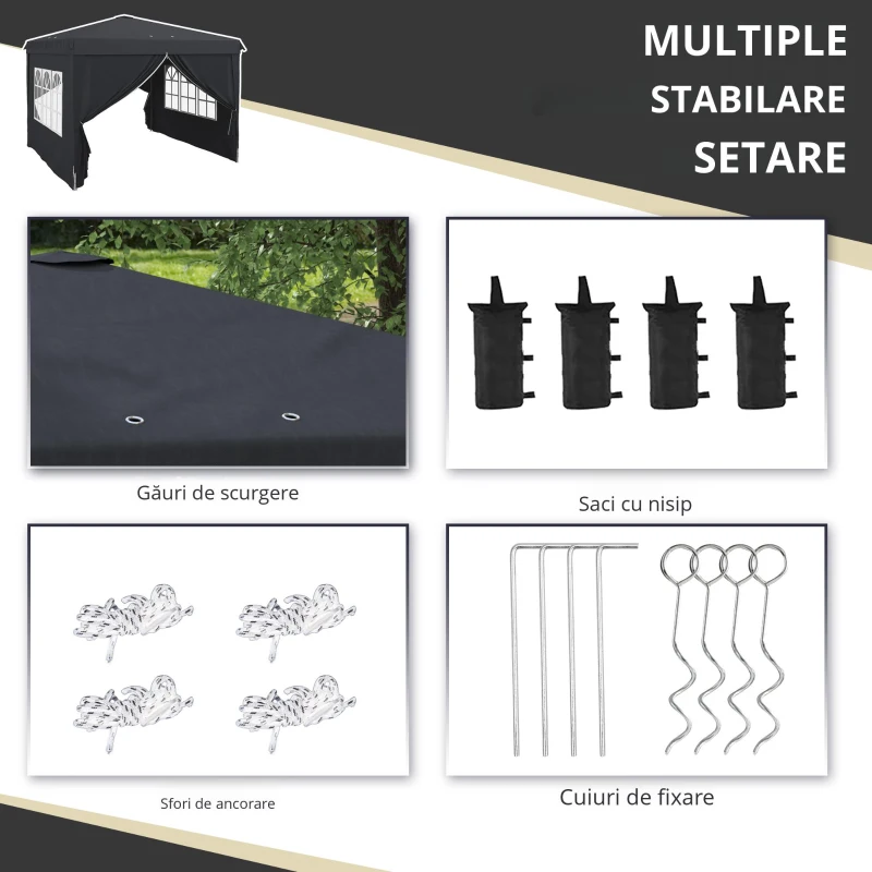 Outsunny Cort cu Copertina Pliabila de 3x3 m, Adapost pentru Soare Reglabil in inaltime, Geanta de Transport si Saci de Greutate