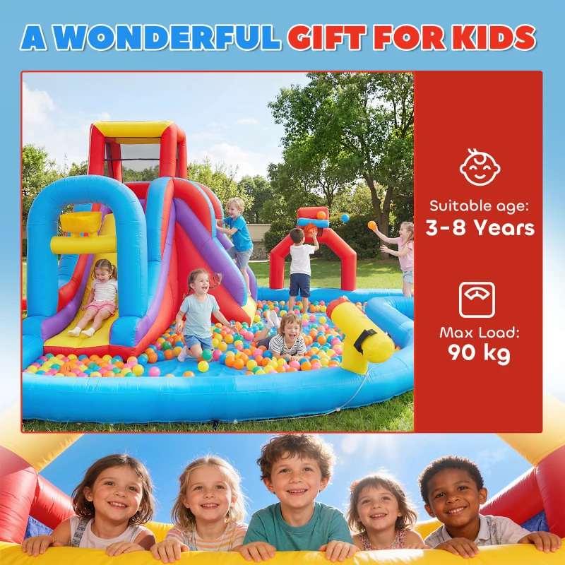 AIYAPLAY Castelo Insuflável Aquático com Insuflador 550W Escorrega Parede de Escalada Piscina Aro de Basquetebol Baliza de Futebol