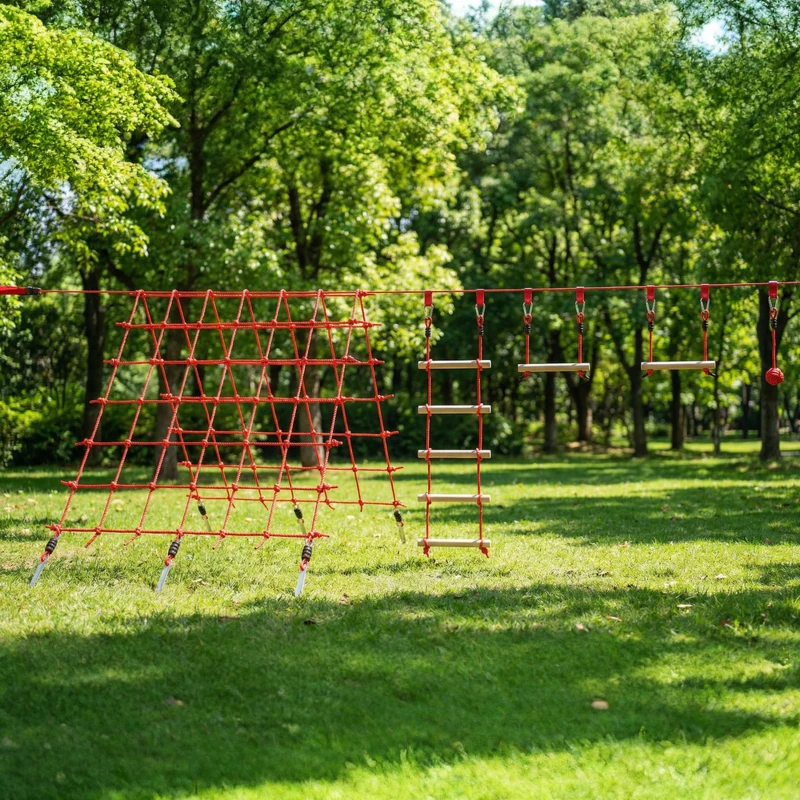AIYAPLAY Ninja line 10 m con anelli, altalena e rete arrampicata, per Bmabini 3-6 Anni, Rosso