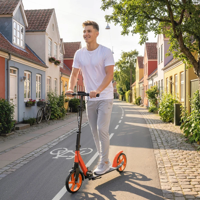 HOMCOM One-click Folding Kick Scooter for 14+ w/ Adjustable Handlebar, Push Scooter with Kickstand, Dual Brake System, Red