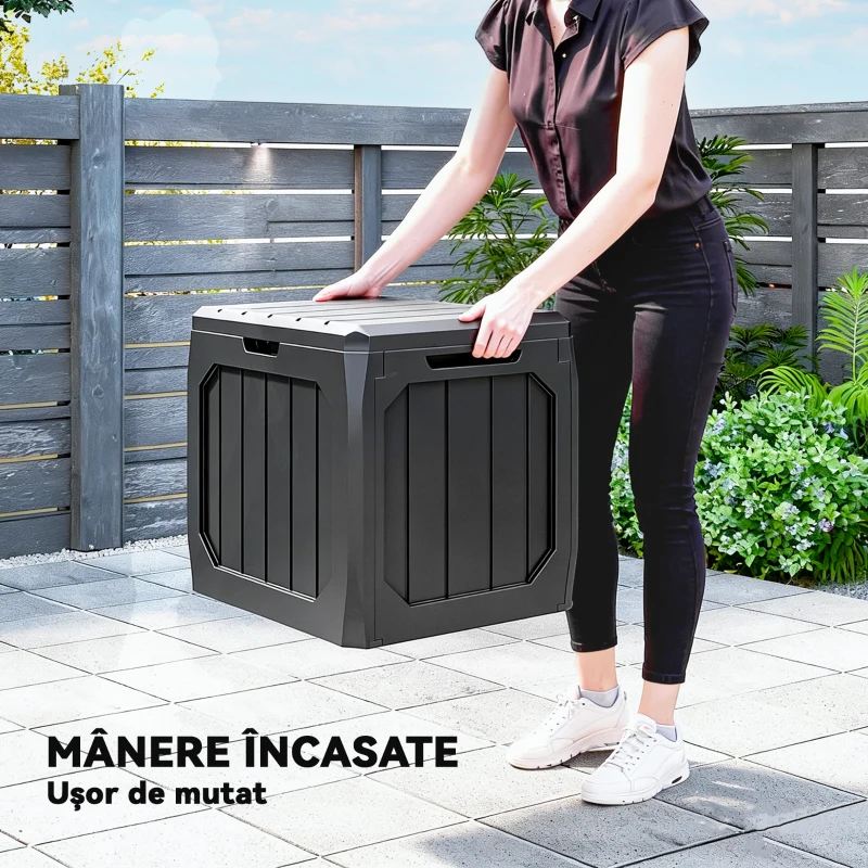 Outsunny Ladă de Depozitare Grădină 121L din Plastic, Cutie de Exterior cu Mânere, Impermeabilă și Bloccabilă pentru Unelte și Accesorii, 56x45x53 cm, Negru