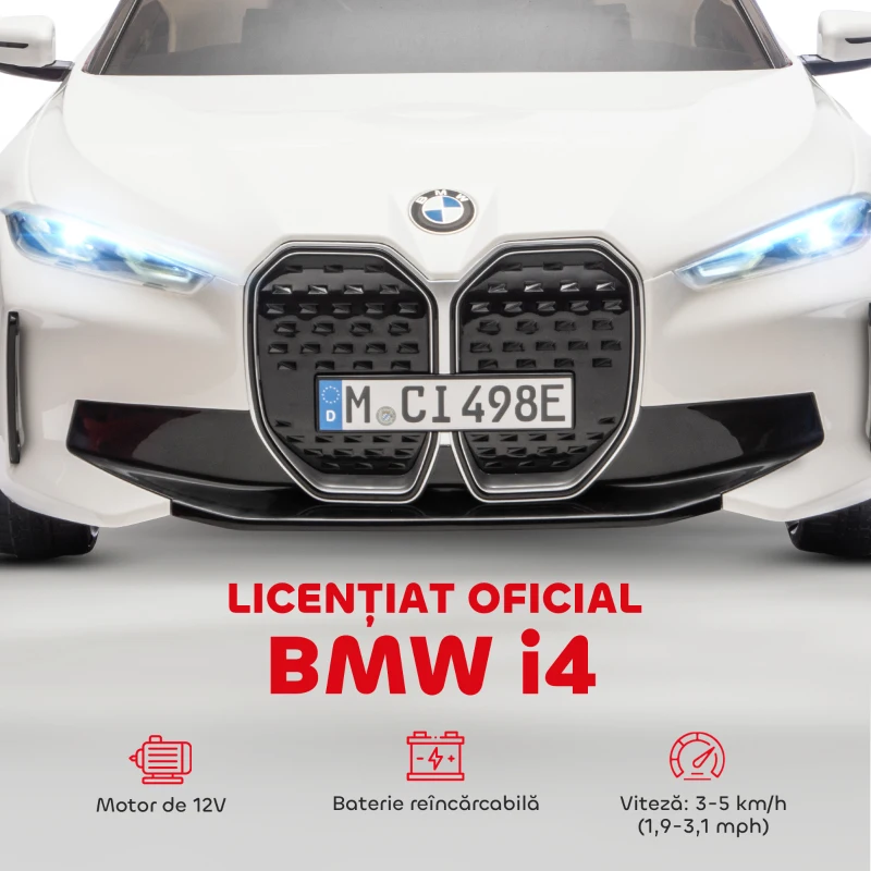 HOMCOM Mașină Electrică pentru Copii 3-6 Ani cu Licență BMW, cu Telecomandă, Claxon și Faruri, 115x67x45 cm, Albă(m-4)