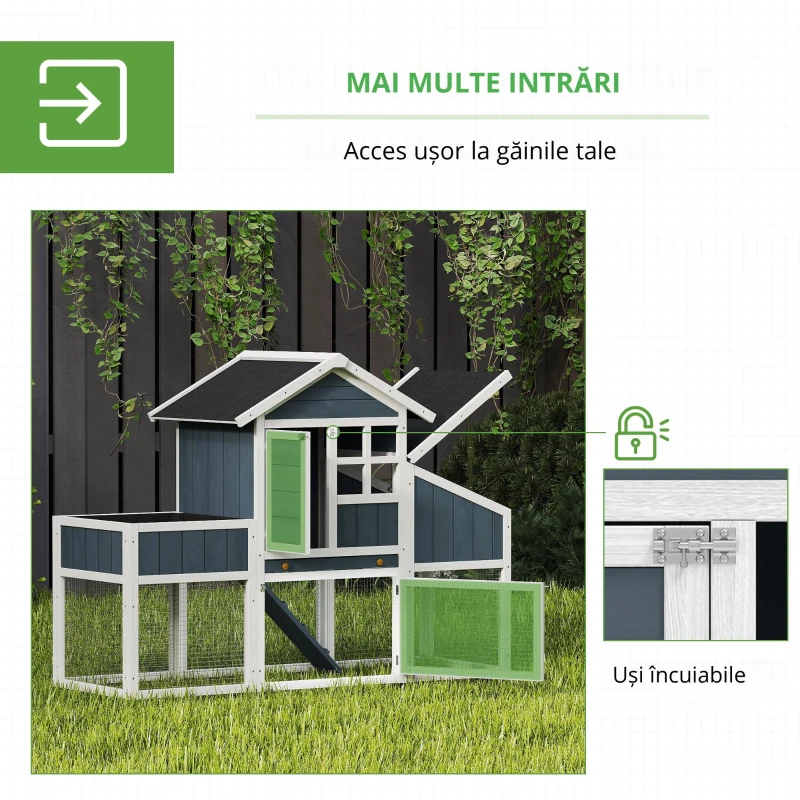 PawHut Cotet pentru gaini, Tarc din lemn pentru gaini,cu cuibar, tava glisanta, acoperis din bitum, retea de plantare, gri