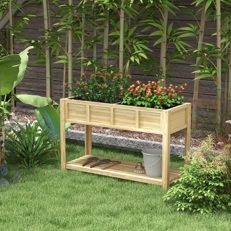 Outsunny Jardinière sur pieds avec séparateur amovible, étagère, Inserts d'irrigation, feutre de drainage 115L x 46l x 75H cm