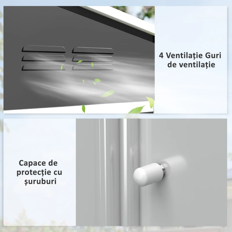 Outsunny Căsuță de Grădină 3.6m² din Oțel Galvanizat cu Guri de Aerisire, Depozit de Grădină cu Uși Glisante Blocabile, Acoperiș Înclinat, Căsuță pentru Unelte, Gri Închis