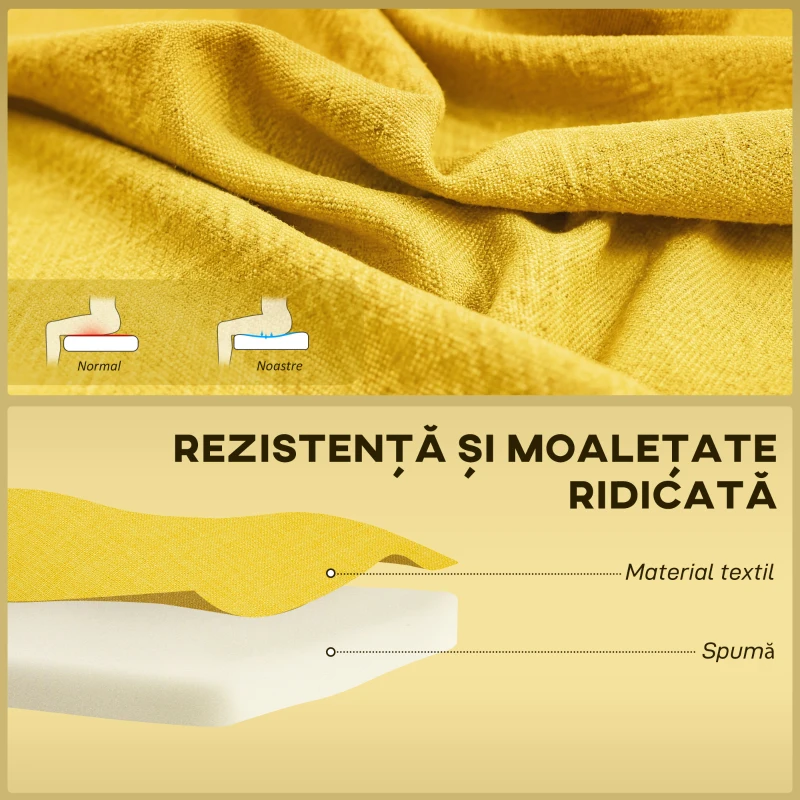 HOMCOM Canapea cu 2 locuri din material textil tip in, fără brațe, cu picioare din lemn, 117x56.5x77 cm, galben