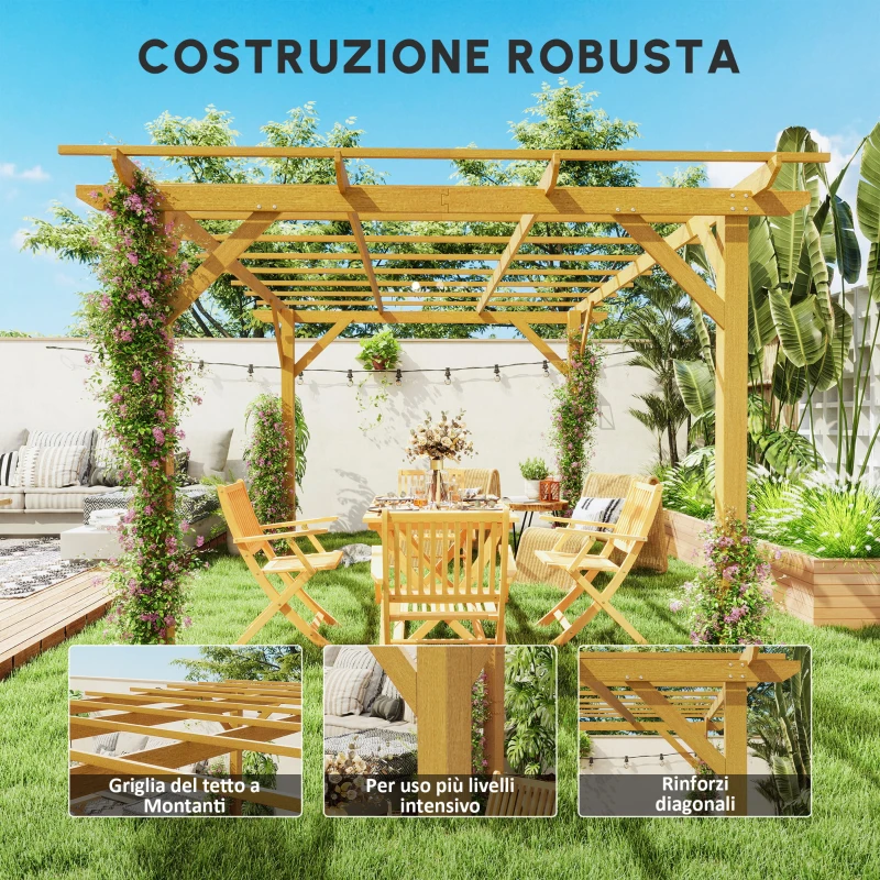 Outsunny Pergola da Giardino 3 x 4 m in Legno per Piante Rampicanti, Pergola da Esterno, Legno Naturale