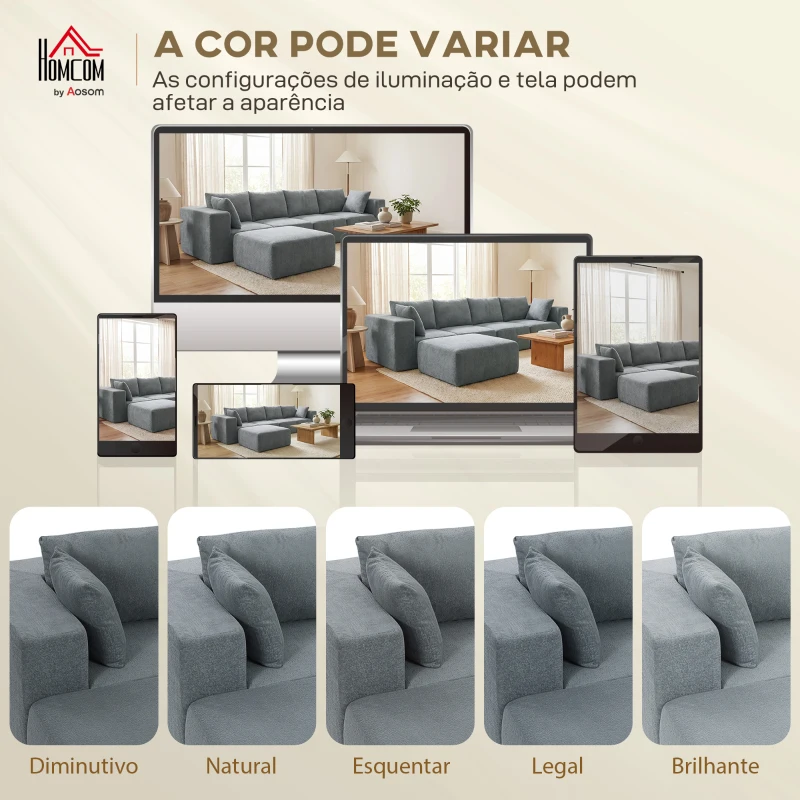 HOMCOM Sofá Seccional em Forma de U Sofá Modular com 2 Otomanos 2 Almofadas Braços Largos Sem Montagem Cinzento
