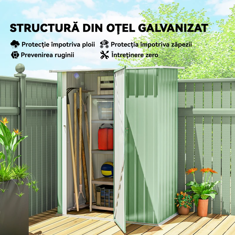 Outsunny Magazie pentru unelte din metal cu acoperiș înclinat și ușă cu încuietoare, 142x86x189 cm, verde deschis