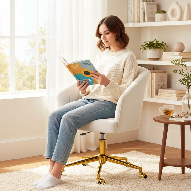 HOMCOM Cadeira de Escritório com Rodas Assento Acolchoado de Veludo Largura Ajustável Espuma de Alta Resiliência 61x60x83,5-92,5 cm Creme