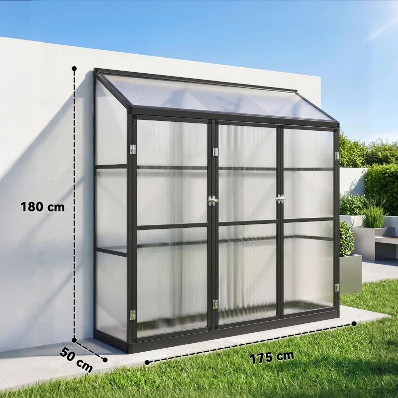 Outsunny Polycarbonate Greenhouse with 3 Hinged Doors, Top Vent, Lean-to Green House, Walk-in Greenhouse, 6 x 1.5ft, Black