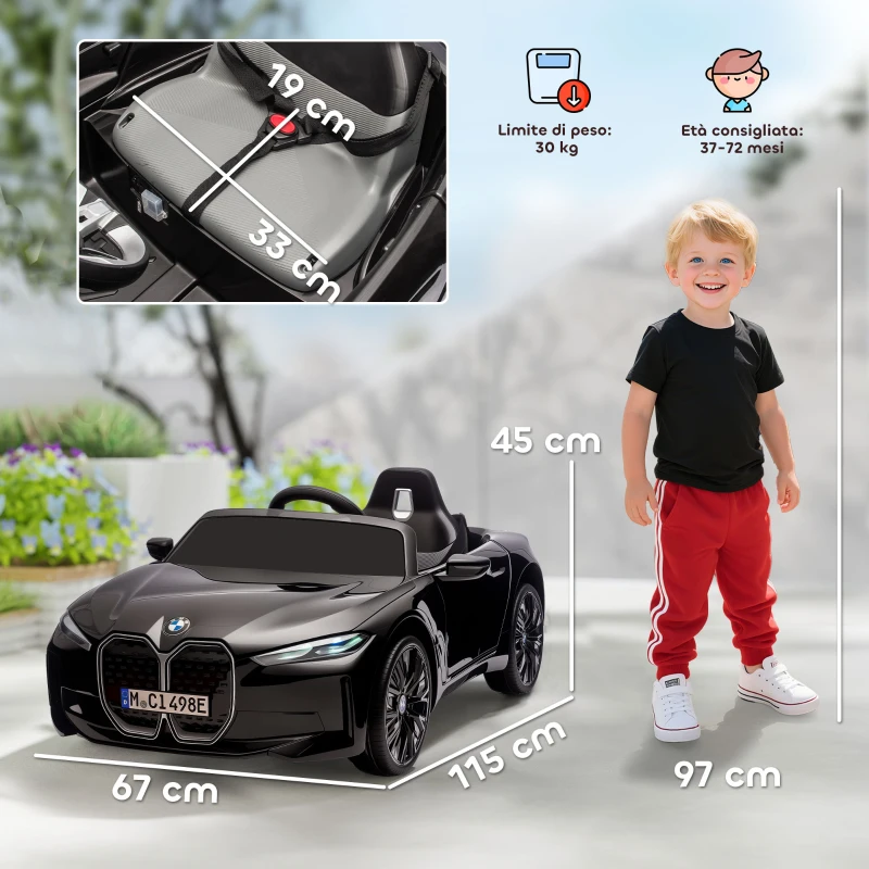 HOMCOM Macchina Elettrica per Bambini 3-6 Anni con Licenza BMW con Telecomando, Clacson e Fari, 115x67x45 cm, Nera
