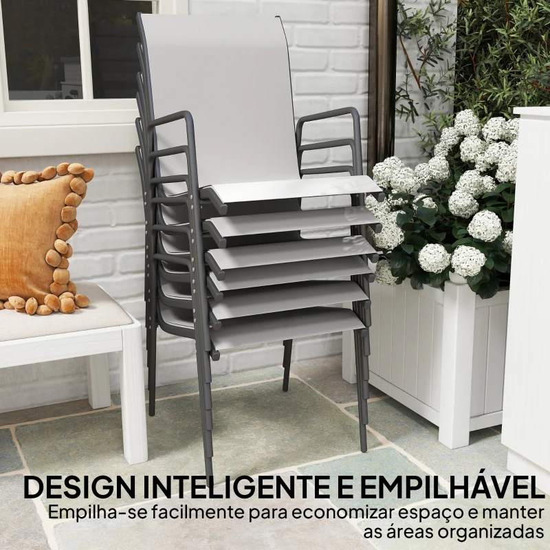 Outsunny Conjunto de 6 Cadeiras de Jardim Empilháveis com Apoio de Braços Assento e Encosto em Malha Respiráveis 51x69x87 cm Cinza