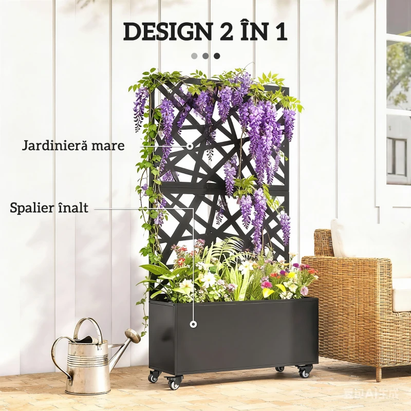 Outsunny Strat Înălțat pentru Grădină cu Roți și Grilaj, Ghiveci de Exterior cu Găuri de Drenaj din Metal, pentru Flori și Legume, pentru Grădină și Balcon, 90x30x160 cm, Negru