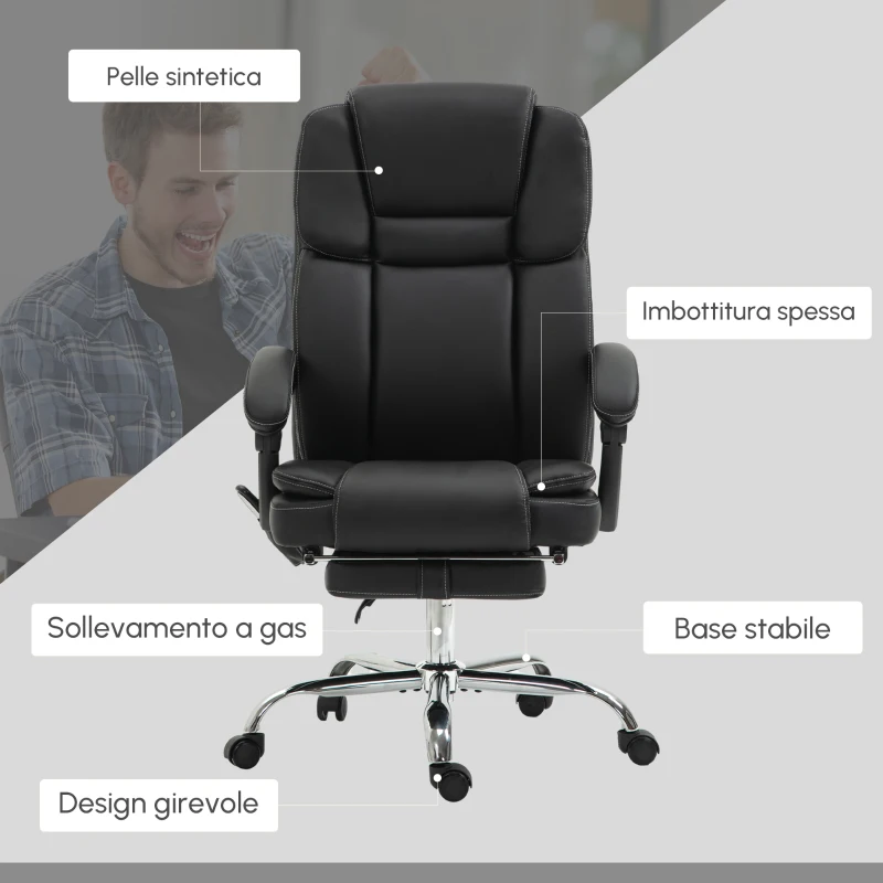 Vinsetto Sedia da Ufficio Regolabile con 6 Punti di Massaggio, Funzione di Riscaldamento, Poggiapiedi, Ecopelle, Nero