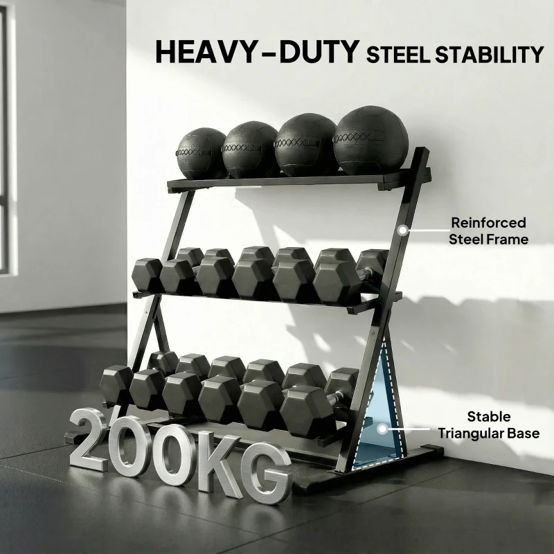 SPORTNOW 3-Tier Adjustable Dumbbell Rack, Heavy-Duty Weight Rack for Dumbbells, Kettlebells and Multiple Balls, Space-Saving Weight Storage Stand for Home Gym, 200 KG Capacity