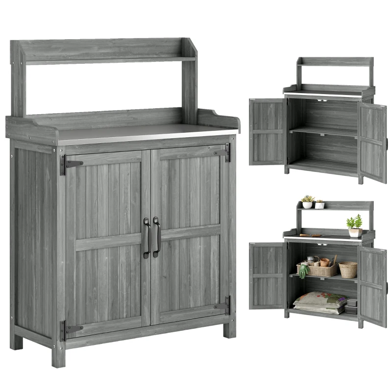 Outsunny Wooden Potting Bench Table with Aluminium Worktop, Outdoor Garden Workbench with Top Shelf and Cabinet Storage