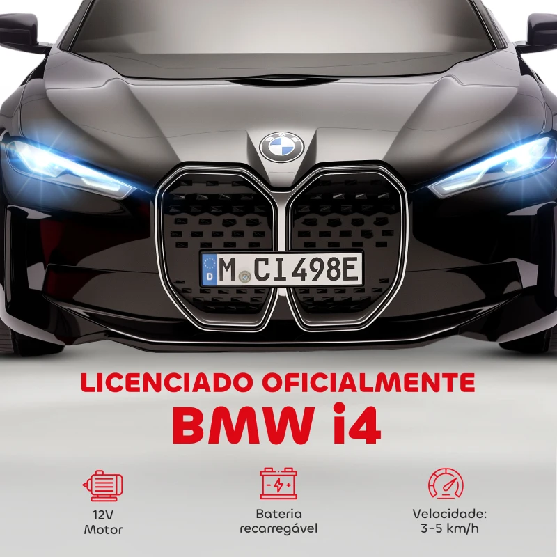 HOMCOM Carro Elétrico para Crianças BMW i4 12V com Controlo Remoto Música MP3 Ecrã Luzes e Cinto de Segurança 115x67x45 cm Preto