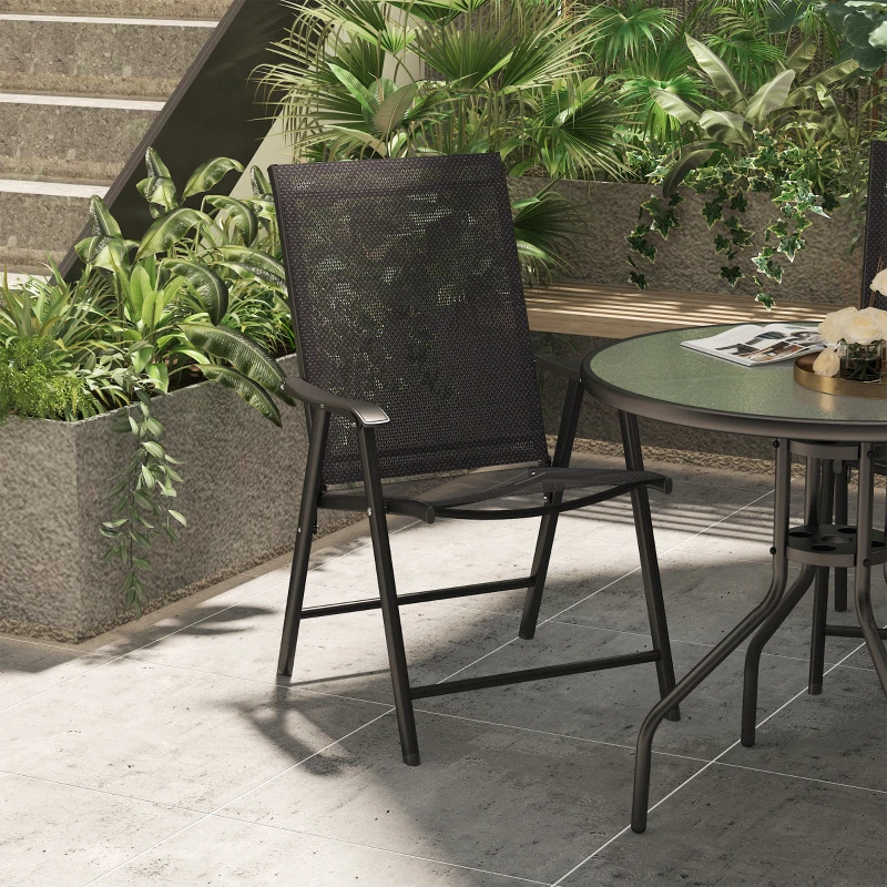 Outsunny Set 2 Scaune de Grădină Pliabile cu Cotiere, Scaune pentru Prânz în Exterior din Metal și Texteline, pentru Terasă, Balcon, Verandă, Exterior și Interior, 58x64x94cm, Negru