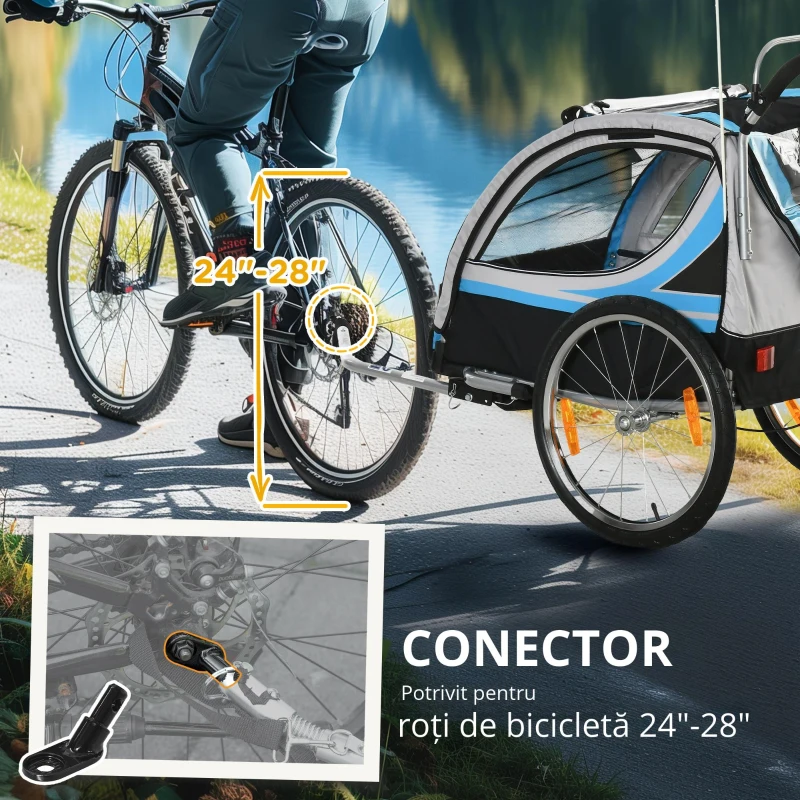 HOMCOM Remorcă Bicicletă pentru Copii, Design 2 în 1 cu Frână și Centură de Siguranță, 142x75x101 cm, Albastru(m-4)