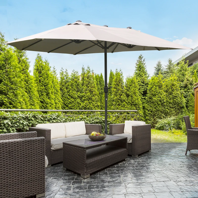 Outsunny Parasol de jardin exterieur parasol double rectangulaire 4,6L x 2,7l x 2,4H m avec ouverture fermeture manivelle, sacs de lestage et base inclus, pour balcon, piscine, gris clair