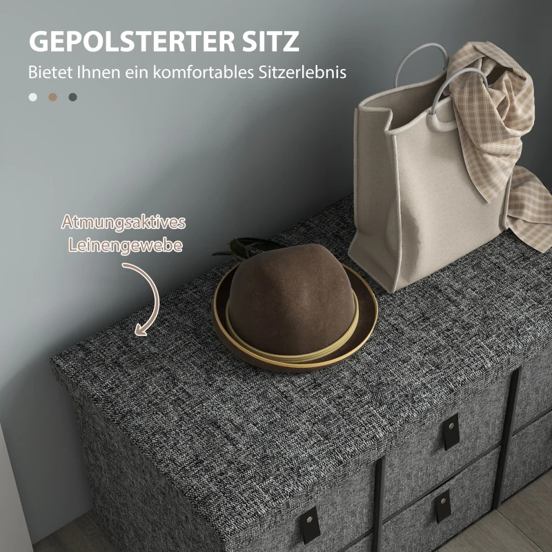 HOMCOM Gepolsterte Schuhbank, 6 Schuhfächer, MDF-Rahmen, Leinenoptik, Grau