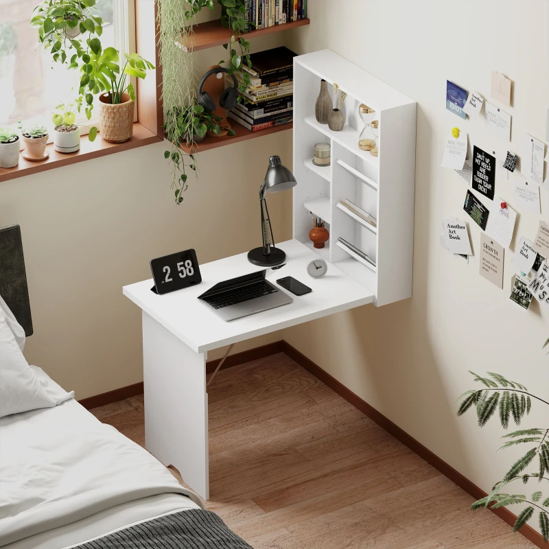 HOMCOM Scrivania a muro pieghevole, tavolo a parete pieghevole con ripiani per soggiorno, sala da pranzo, ufficio, 93,8 x 60 x 147 cm, bianco