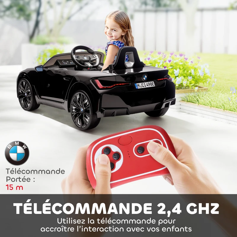 HOMCOM Voiture électrique pour enfants licence BMW I4 12V avec télécommande MP3 Musique Lumières et Ceinture 115x67x45 cm Noir