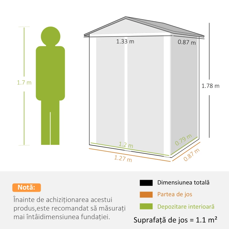 Outsunny Căsuță de Grădină din Oțel 1,1m² cu Uși Duble Blocabile, 133x87x178 cm, Gri Argintiu