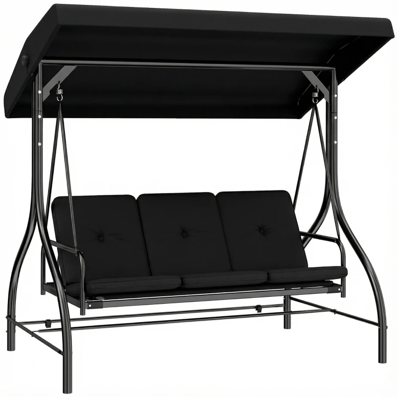 Outsunny 3 Seater Canopy Swing Chair, 2 in 1 Garden Swing Seat Bed, with Adjustable Canopy and Metal Frame, Black