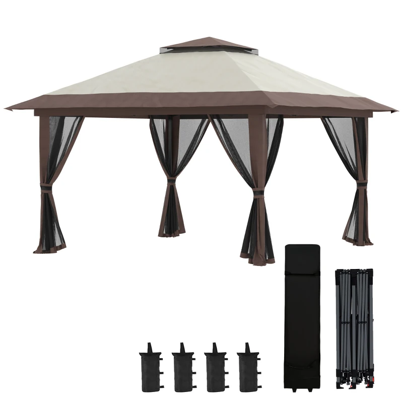 Pavilion Outsunny pliabil 4x4 m cu înălțime reglabilă, plasă de țânțari și geantă, din metal și material Oxford, bej