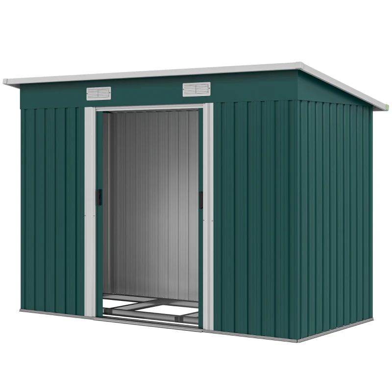 Outsunny Depozit de Grădină 3.18m² din Oțel Galvanizat cu Fante de Aerisire, Spațiu de Depozitare cu Uși Glisante Blocabile, Acoperiș Înclinat, Mănuși, 272x134x182 cm, Verde Închis