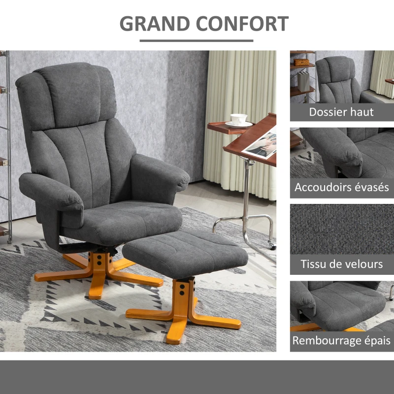 HOMCOM Fauteuil relax avec repose-pied, fauteuil de relaxation, dossier inclinable, assise rembourrée, 79x80x104cm, gris foncé