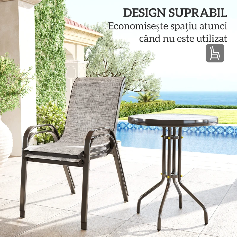 Outsunny Set Mobilier de Grădină din 3 Piese cu Scaune Suprapozabile și Masă din Sticlă, 54x71x93 cm, Gri Închis