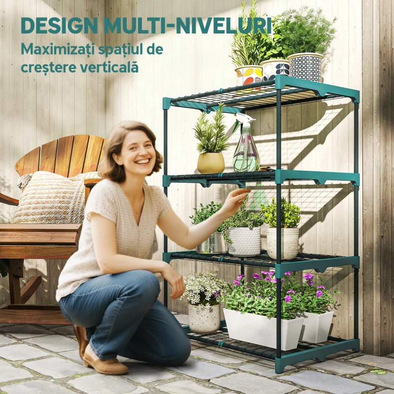 Outsunny Suport pentru Plante Vertical cu 4 Niveluri din Oțel și Plastic, Suport Ghivece pentru Interior și Exterior, Grădină Balcon, 67x49x105 cm, Verde Închis