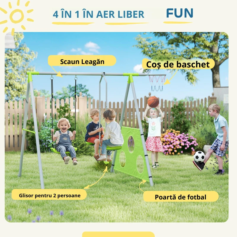 AIYAPLAY Joc pentru Copii 4 în 1 cu 2 Leagăne de Grădină, Coș și Poartă de Fotbal, 215x180x182 cm, Verde și Gri(m-5)