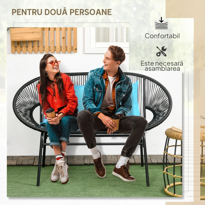 Outsunny Bancă de grădină cu 2 locuri din metal și frânghie din rășină cu 2 perne - dim. 132L x 72l x 83h cm - negru