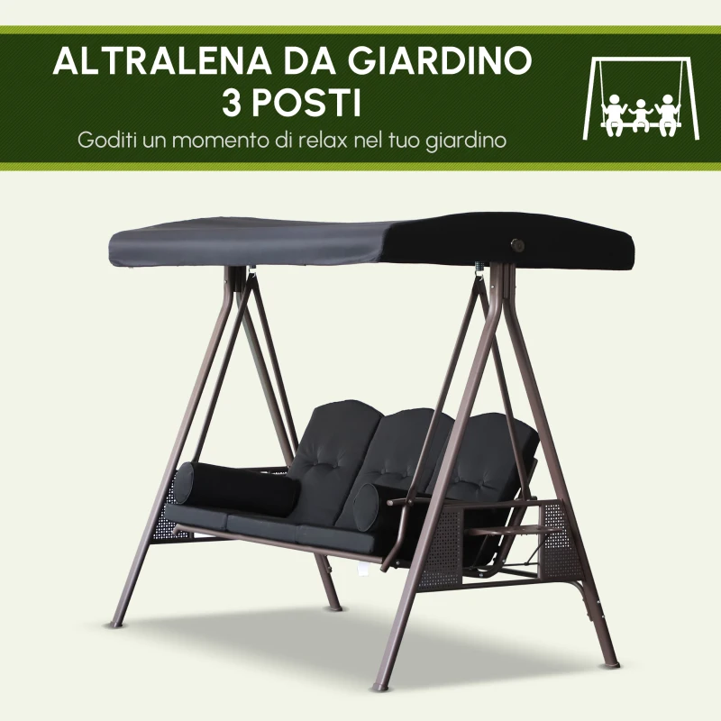 Outsunny Dondolo da Giardino 3 Posti, Tetto con Inclinazione Regolabile, Cuscini, Vassoi Retrattili, Poliestere Filato, Nero