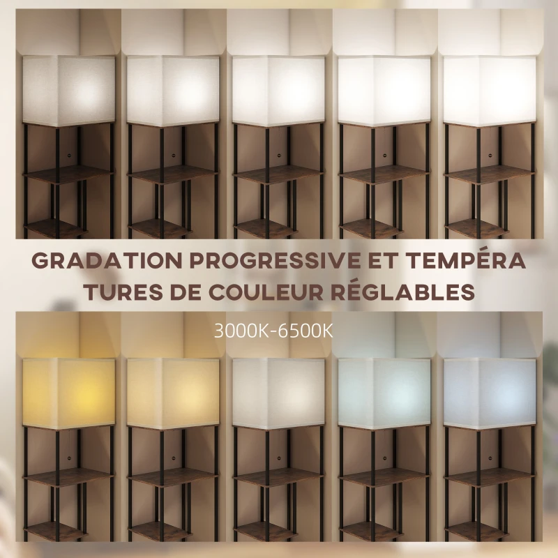 HOMCOM Lampadaire avec étagères, lampadaire sur pied de salon dimmable, télécommande, 40 x 29 x 171 cm, brun rustique