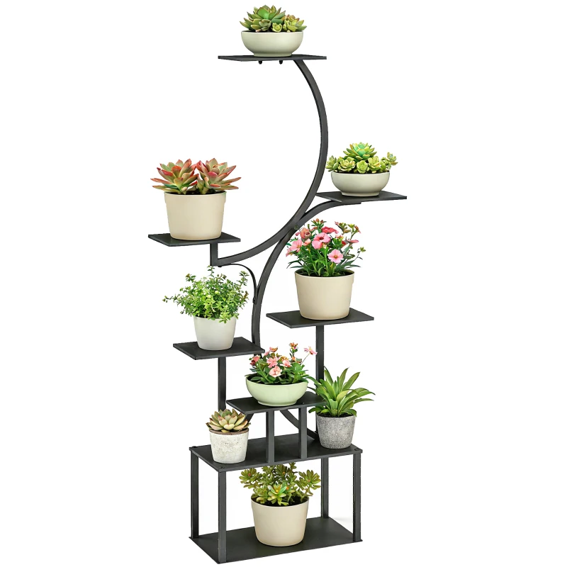 Outsunny Suport pentru Plante cu 8 Niveluri în Formă de S, Suport Ghivece din Metal pentru Interior și Exterior, pentru Grădină, Balcon, Terasă, Cameră de Zi, 74x26x158.5 cm, Negru